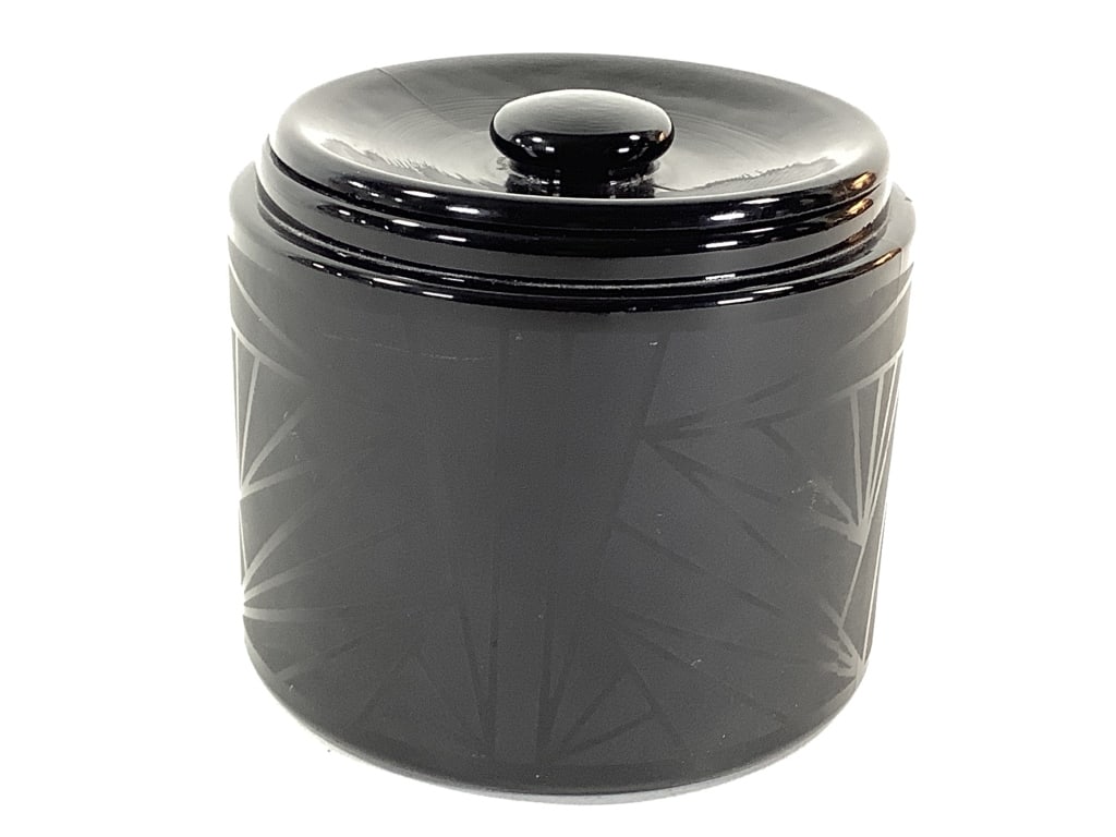Art Deco Etched Black Glass Humidor: 4 5/8"Dia, removable pierced tin filter in lid. No marks, pat. applied for mark on interior of lid. Provenance: Collection of William and Diane Itter.