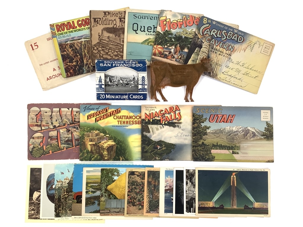 Vtg Souvenir Postcards Advertising Cards: 4 3/4"L De Laval Cream Separators cow advertisement on celluloid or varnish cardstock. 12 amusing cards - 2 addressed to the Itters (1 with collage-work verso). 10 souvenir card sets, many on linen. S