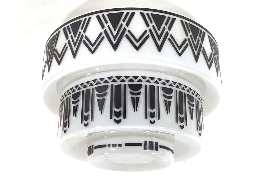 Art Deco Milk Glass Lg Lamp Fixture Globe: 14"Dia. x 10"H for 6"Dia. lamp fitting. Stencil painted geometric details. Provenance: Collection of William and Diane Itter.
