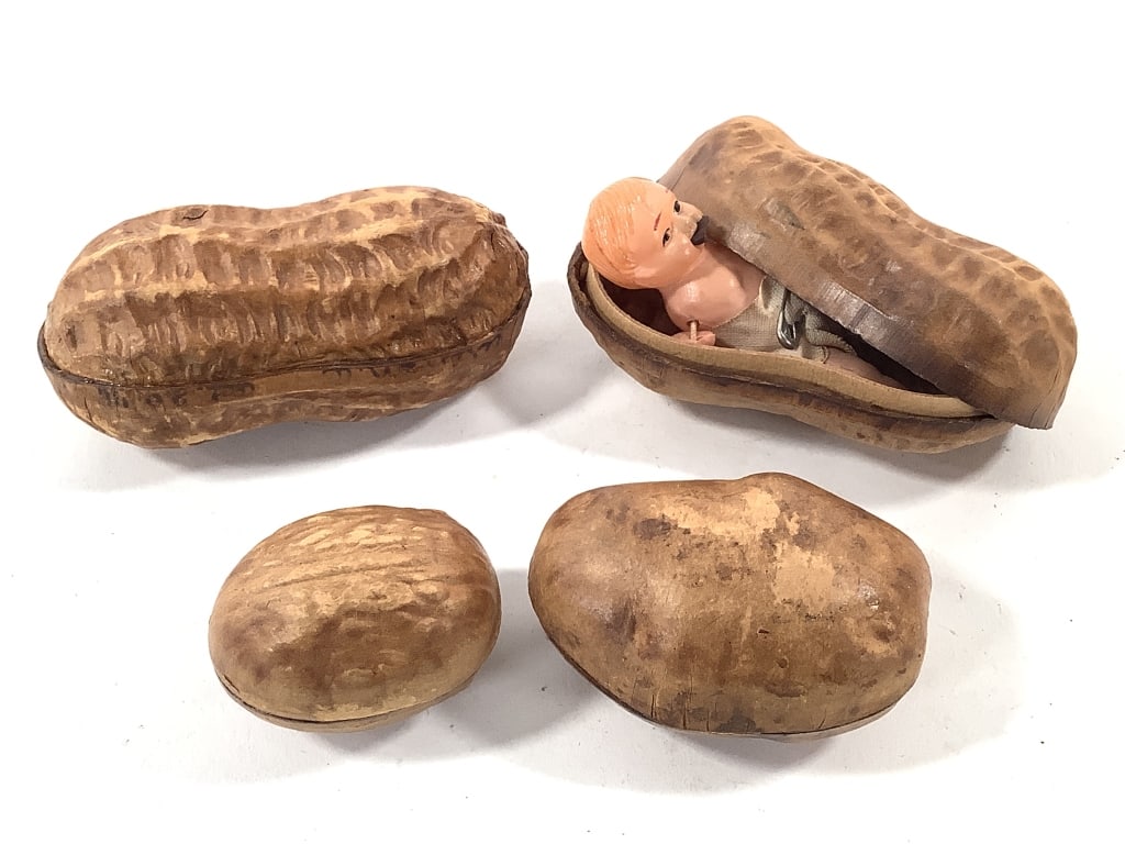 Pressed Paper Peanuts Walnut w Photos & Potato: 4 vintage / early 1900s souvenir or advertising pressed paper containers: 2 peanut shape containers, one with celluloid baby and glass bottle, 3 1/2"L; 1 3/4" walnut with fold-out photos of city