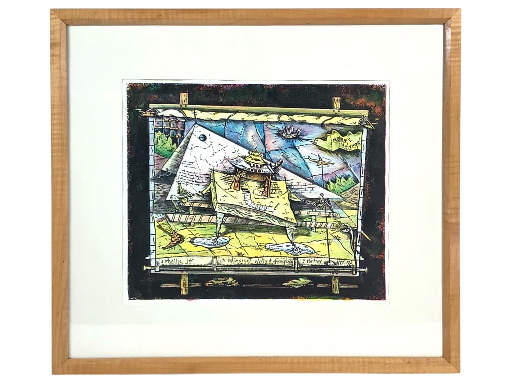 Inscribed 1977 Color Lithograph: Unattributed. "Merry Hexmas + Phallic 1st". Inscribed "To Whimsical Willy & Accomplace (sic)" "Portnoy 1/77 AP". Lithograph. 12" x 14 1/4" (Sight). 19 1/2" x 21 3/4" (Frame). Matted in a wood frame