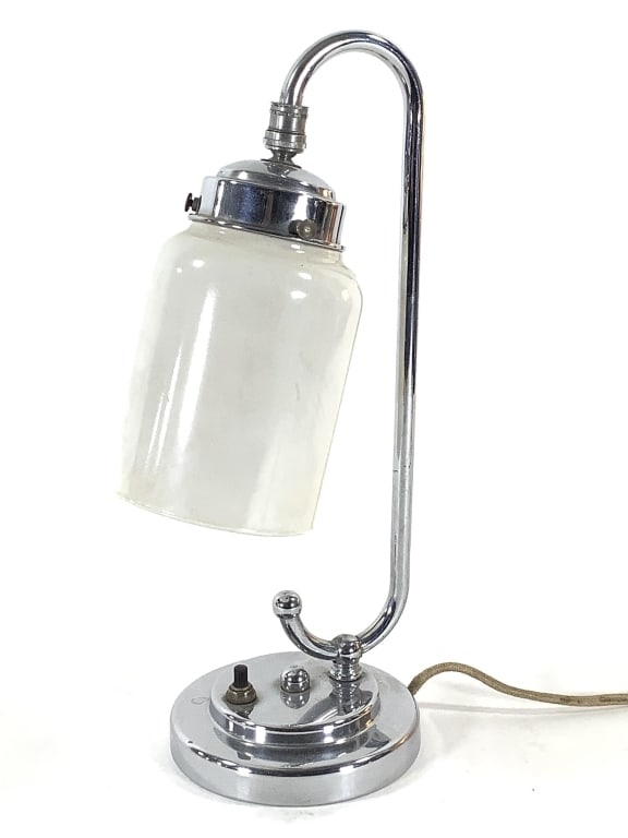Vtg 1930-40s Chrome Lamp w Glass Shade: 12 3/8"H chrome lamp. 4 1/2"Dia. base. Original cloth covered wiring and plug, finger switch. Provenance: Collection of William and Diane Itter.