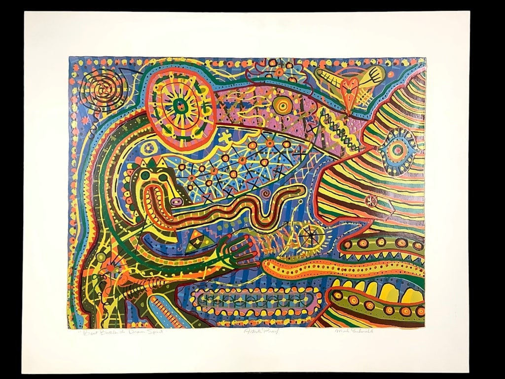 Mark Bulwinkle Enamel Silkscreen Beast Battles: Bulwinkle, Mark (American b. 1946). "Beast Battles the Drawer Spirit" A/P, ND, enamel silkscreen. Titled, noted as Artist's Proof and signed in pencil below image. 23" x 28 1/2" (Sheet). Unframed. Pro