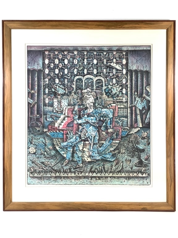 Signed Color Lithograph 1977 Kicking the Habit: Unattributed. Signed and dated 9/77. Numbered 11/20 "Kicking the Habit it just so Happened to be A Delusion of Privacy". 29 1/8" x 26" (Sight). 38 3/4" x 35 1/4" (Frame). Matted in fine, mixed wood