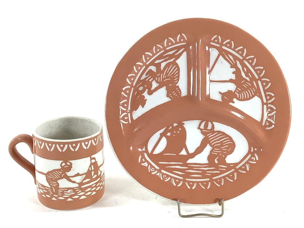 Villeroy & Boch Dresden Saxony 6823 Child's Set: 7 1/2" divided dish, 3"H mug. Coral on white. Crazing and stains in the cup. Early 1900s pre-war Art Nouveau style. Provenance: Collection of William and Diane Itter.