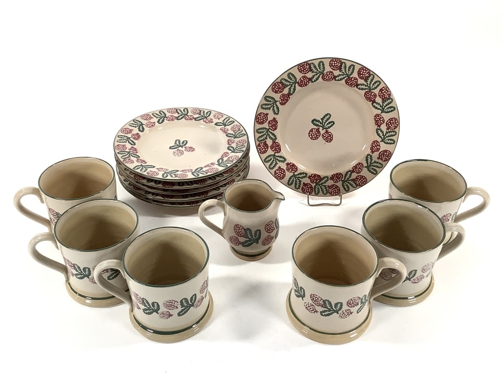 Nicholas Mosse Pottery Ireland Cups & Saucers: Saucers are 7 1/4"Dia. 6 cups, 6 saucers, cream pitcher. Stamp marked. Provenance: Collection of William and Diane Itter.