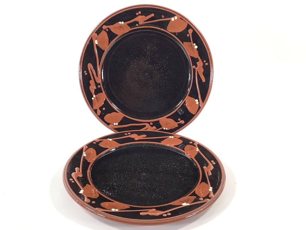 Redware Plates w Black Glaze Red Slip Early 20thC: 11 1/8"Dia. Mark on face of plates at rim. Provenance: Collection of William and Diane Itter.