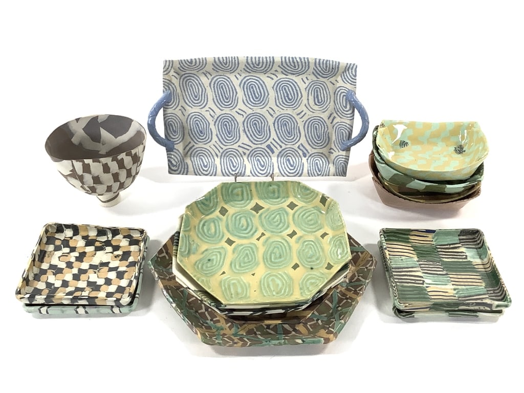 B Weiss Nerikomi Style Ceramics 13 Pcs: 8 1/2" x 5" tray, 4" x 3 1/4" x 3 1/2"H footed bowl, (4) 4" square plates, (4) 6 1/2" octagonal plates, 8" hexagonal plate, (4) 4 1/4" x 4" folded bowls. Multi-color. Provenance: Collection of