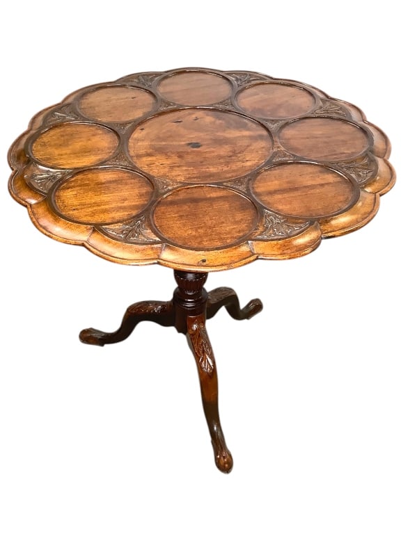 Antique Wood Piecrust Tilt-Top Table: 27"Dia. x 28"H. Unusual tea table with raised central circle rim and eight raised rim surrounding circles. Provenance: Collection of William and Diane Itter.