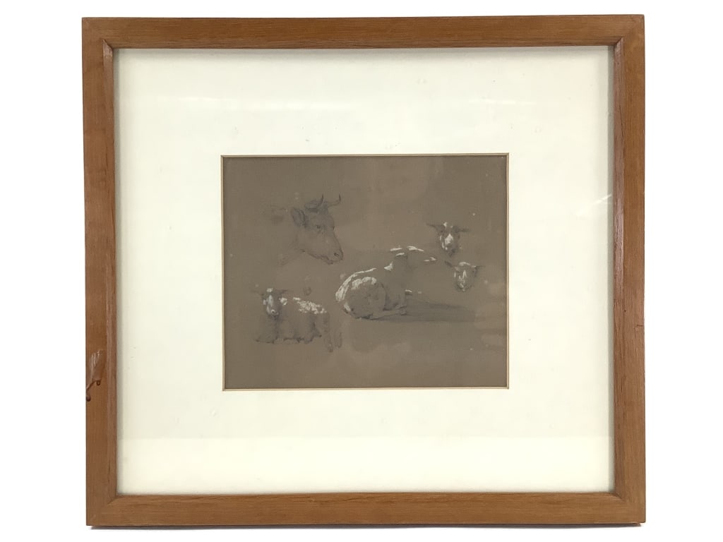 Bull & Sheep Study Graphite & Chalk, Framed: Unknown artist. Unsigned, undated. 6 1/4" x 7 1/2" (Sight). 13 1/4" x 14 3/4" (Frame). Matted in a wood frame. Not examined out of frame. Provenance: Collection of William and Diane Itter.