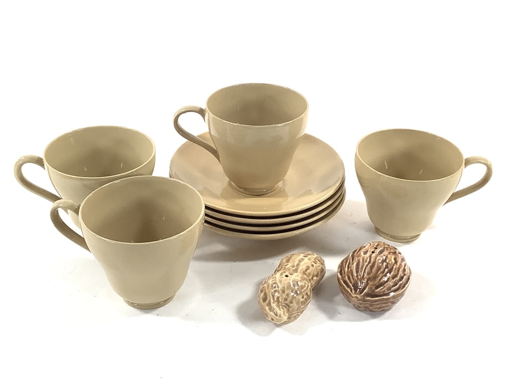 Wedgwood Etruria Demitasse Set w Nut Shape S&P: Largest saucer is 4 5/8"Dia. 4 cups and saucers, 'cane' color. Stamp marked. Peanut shape pepper shaker, #103 and walnut shape salt shaker, #103. Provenance: Collection of William and Diane Itter.