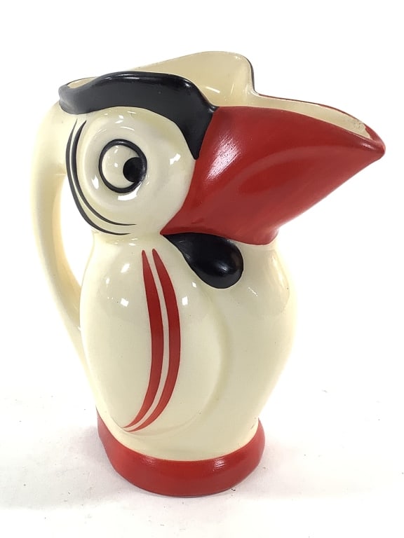 Parrot Pitcher Unmarked Sim. Czech Pottery: 5 7/8" tall. Unmarked, possibly a Japanese copy. Similar to marked Ephila art deco pieces. Provenance: Collection of William and Diane Itter.