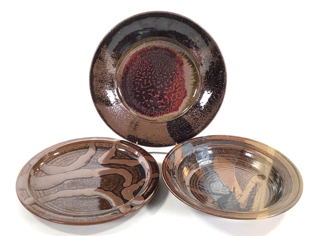 3 Studio Pottery Stoneware Serving Dishes: Largest is 10"Dia. Marked. Provenance: Collection of William and Diane Itter.