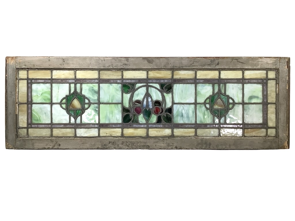 Antique Stained & Leaded Glass Transom Panel: 13" x 49 3/4" glass. 17 3/4" x 54 5/8" original wood frame. House salvage item. Provenance: Collection of William and Diane Itter.