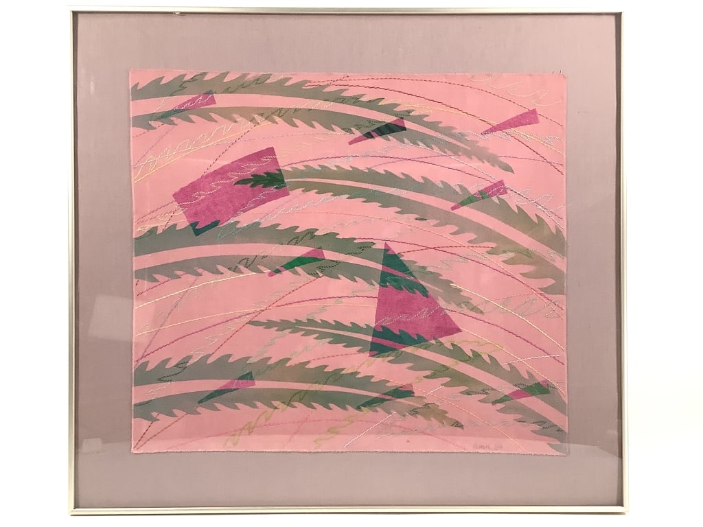 Anne McKenzie Nickolson 1989 Embroidery Rainforest: Nickolson, Anne McKenzie (American, 20th century - current). Rainforest, embroidery on hand dyed and airbrushed poplin. Initial signed and dated in thread. 22 1/2" x 20" (Sight). 28 3/4" x 26" (Frame)