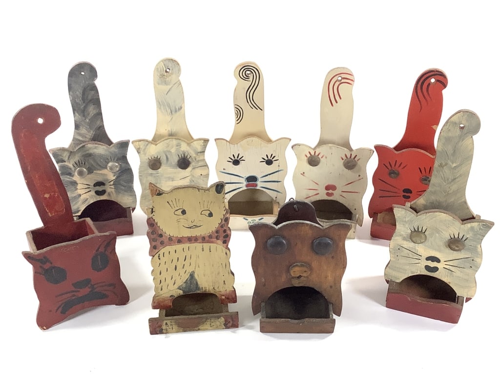 9 Folk Art Cat Kitchen Matchbox Holders: 1 of many lots. The walls of the Itter kitchen were covered with hand crafted and painted wood matchbox holders collected over a lifetime. NOTE: due to location these are all as found, nicks, paint lo
