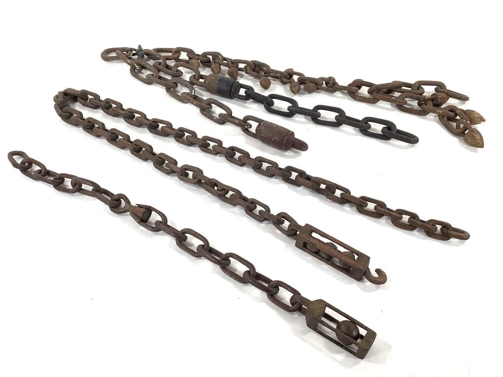 3 Folk Art Carved Continuous Chains w Whimsies: 17 1/2"L with single cased ball, 2 pcs w old repair. 40"L with 3 balls in case and hanging hook. 13 3/4"L and 15"L chains with pivot joints. 19"L chain with bobbins and double joint at one end. Proven