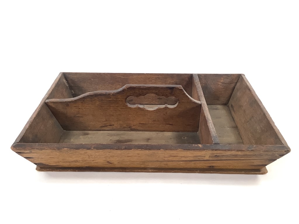 Antique Wood Primitive Utensil Tote: 14 3/4"L x 10"W tote with 3 sections and cut out hand hold. Provenance: Collection of William and Diane Itter.