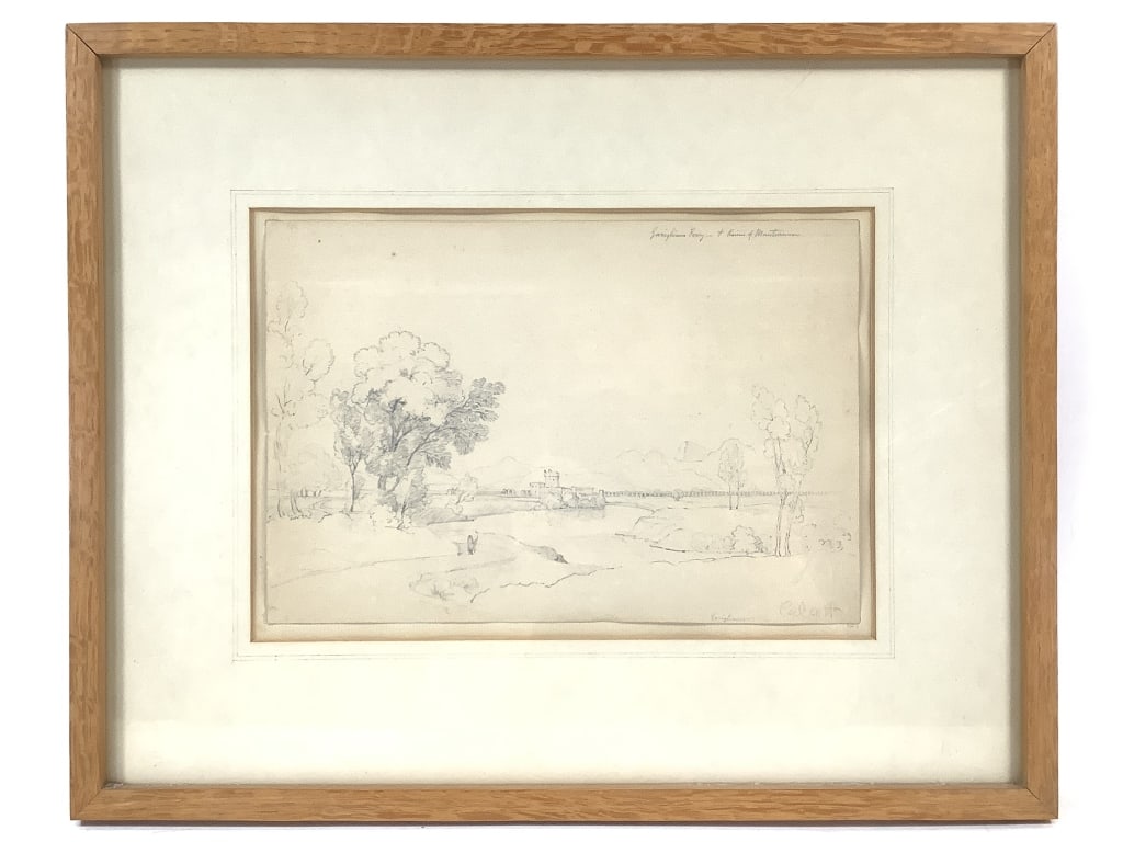 English School Antique Landscape Drawing: Attributed or after, Callcott, Augustus Wall (British 1779?1844). View of Ferry / Ruins. Pencil on paper, identified in illegible script upper right, and faintly signed Calcott (or Callcott) lower rig