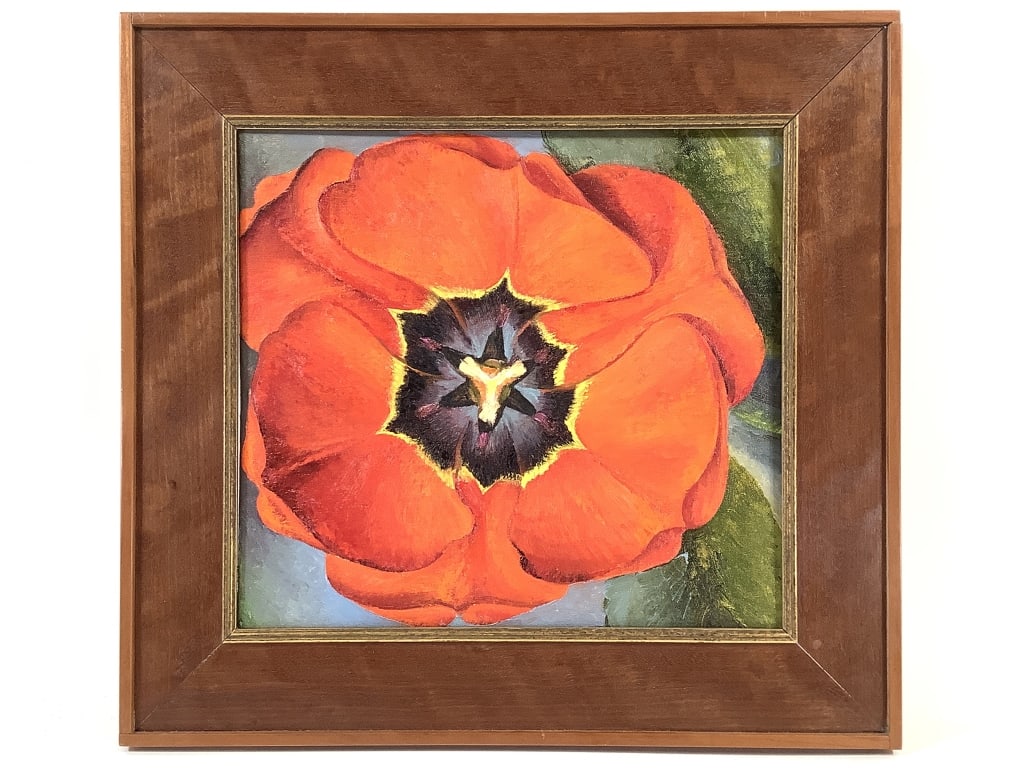 Poppy Painting Unsigned Framed: Oil on canvas after Georgia O'Keeffe. Untitled, unsigned, ND. 11" x 10" (Sight). 15 3/4" x 14 3/4" (Frame). In a wood frame. Provenance: Collection of William and Diane Itter.