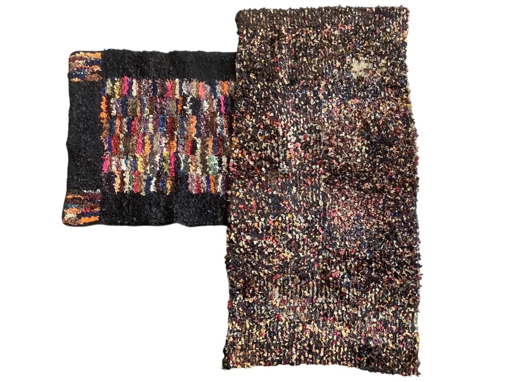 2 Small Ribbon Cloth Hooked & Tied Folk Art Rugs: Largest is 52" x 25 1/2". Details Coming. Provenance: Collection of William and Diane Itter.