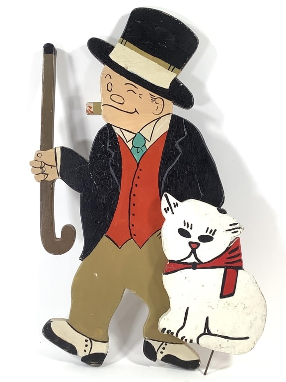 Early 20th C Cartoon Figure Wood Cutout & Cat: 19 1/2"H cartoon figure, possibly a 'butler' table support - hole in bottom of foot. 9"H cat. Provenance: Collection of William and Diane Itter.