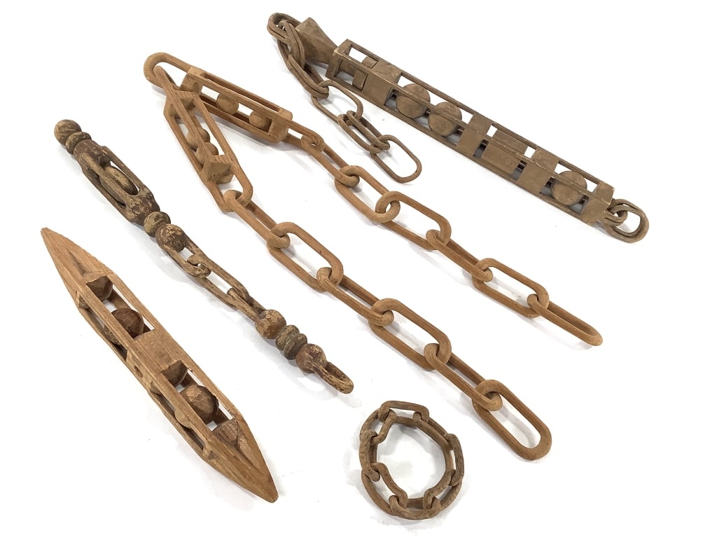 Folk / Prison Art Carved Wood Chains: 25 1/2"L piece with double chains, unfinished. 35"L piece with 2 cages containing 2 balls each. 9 1/2"L piece with 2 caged balls, not attached to a chain. 11 3/4"L piece with link between 2 carved ele