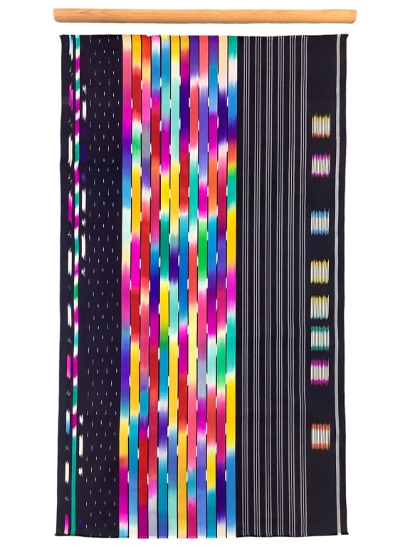Mary Restieaux Silk Tapestry 54" x 33" c 1985: Restieaux, Mary (England b. 1945). Silk Ikat Woven Tapestry, circa 1985. Vibrant colors, finished edges. Excellent condition. Provenance: Collection of William and Diane Itter. Mary Restieaux (UK 1945