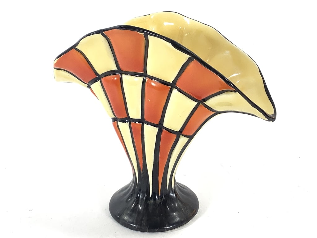 1930s Ditmar Urbach Czech Ceramic Fan Vase: 7 1/2"W x 9"H. Raised pattern mark 10969 on bottom. Provenance: Collection of William and Diane Itter.