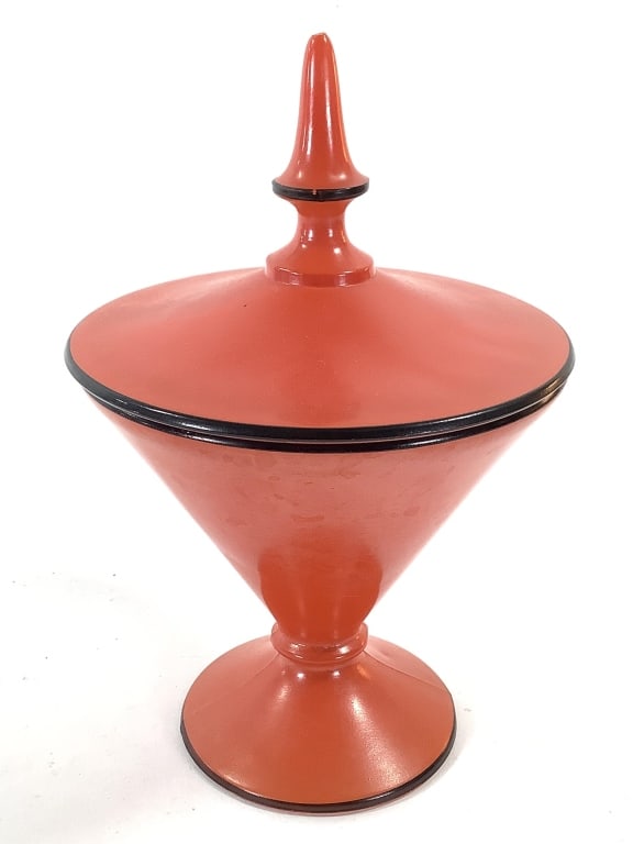 Orange Painted Glass Candy Dish w Black Trim: 8 1/4"H. Mold seams visible. Painted exterior. Provenance: Collection of William and Diane Itter.