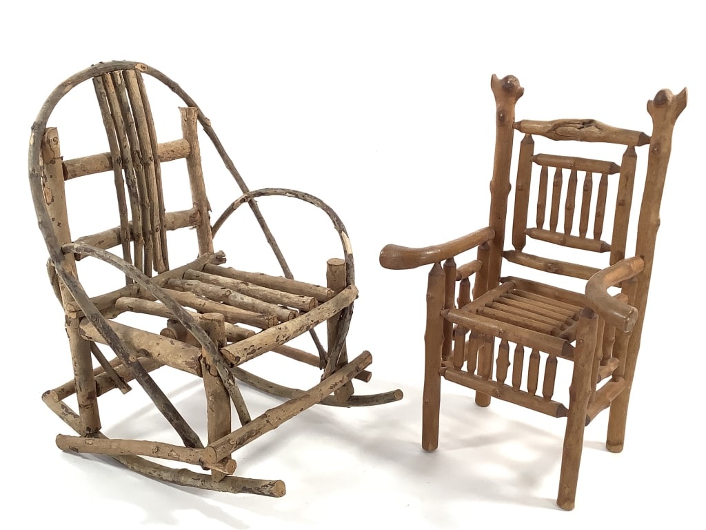 Miniature Twig Table Top Chairs: 12"-12 1/2"H. Constructed from natural materials. Provenance: Collection of William and Diane Itter.