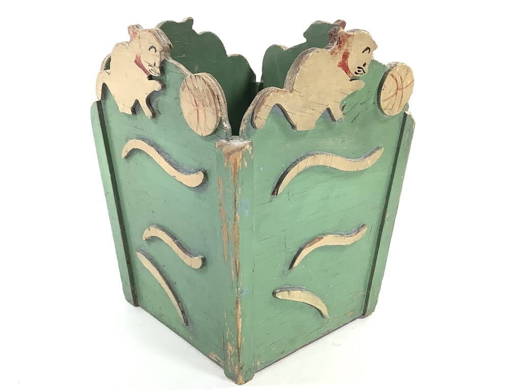 Folk Art Painted Waste Basket w Applied Cats: 11 1/2"H. Wood panels with pattern, scroll cut, painted and applied decorations. Provenance: Collection of William and Diane Itter.