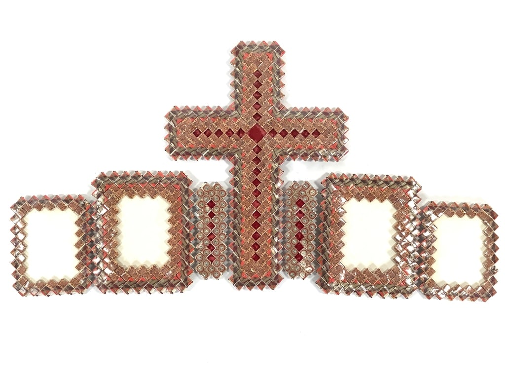 Folk Art Cigarette Wrapper Photo Frames w Cross: 10 1/2" x 20" when fully expanded. Folk / Prison Art woven folding photo frames with cross center. Provenance: Collection of William and Diane Itter.
