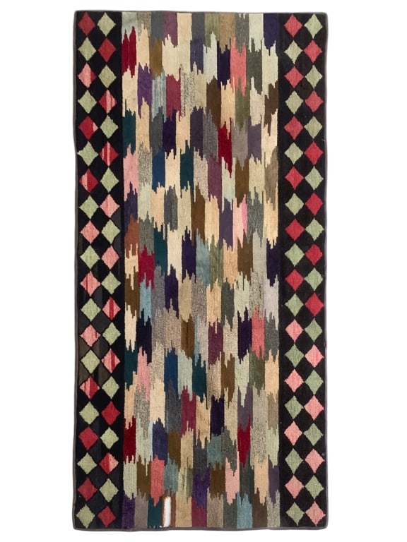 68" x 35" Folk Art Hooked Rug: One notable hole, otherwise in great condition. Details Coming. Provenance: Collection of William and Diane Itter.