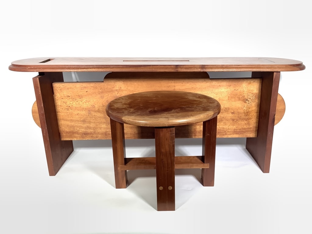 2 Solid Wood Tables by Wm Itter: Largest is 18"H x 10 1/2"D x 48"L. Small scatter table and oblong plant / coffee table. Provenance: Collection of William and Diane Itter.