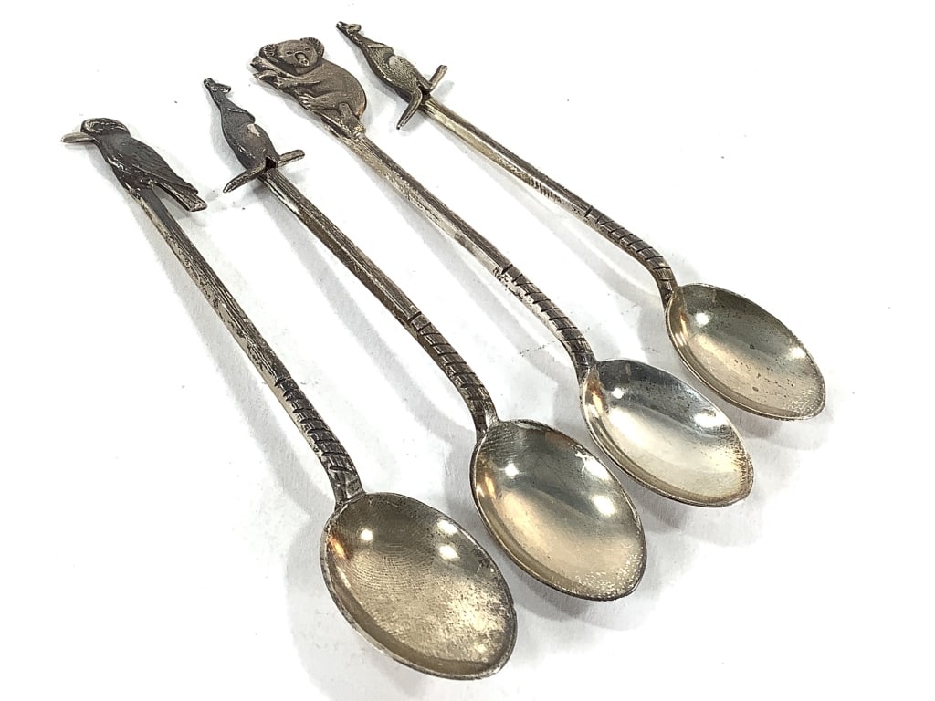 4 Sterling Demitasse Spoons Australia 31gr: 3 1/2"L. Animal figures include 2 kangaroos, 1 koala bear, 1 kookaburra partial set from original group of 6. Marked Hbrs (Hardy Brothers) and STG. Provenance: Collection of William and Diane Itter.