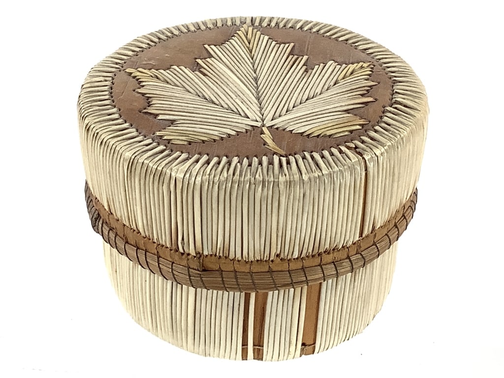 1935 Ojibwa Birchbark & Porcupine Quill Lidded Box: 3 1/4"W x 2 1/4"H. Signed by by Olive Lawson, 1935. Very good condition for age, minor quill loss and staining. Provenance: Collection of William and Diane Itter.