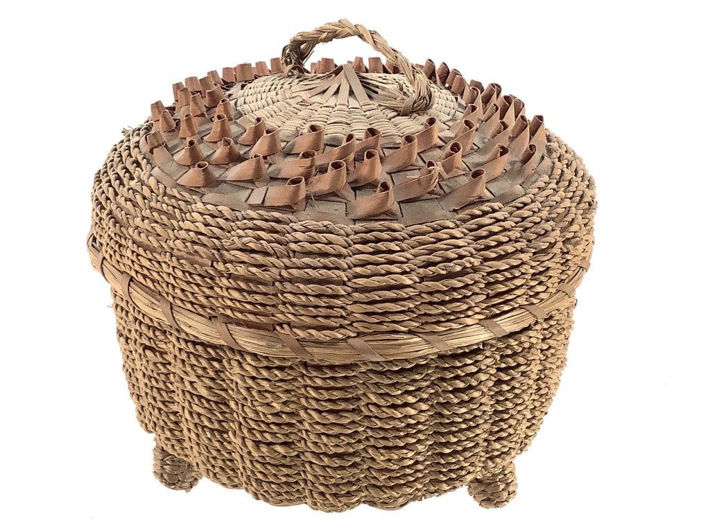 Footed Sweetgrass & Curled Splint Lidded Basket: 6 1/2"W x 6 1/2"H. Handle is broken, minor fraying / breakage to the outer weaving. Overall very good condition for age. Provenance: Collection of William and Diane Itter.