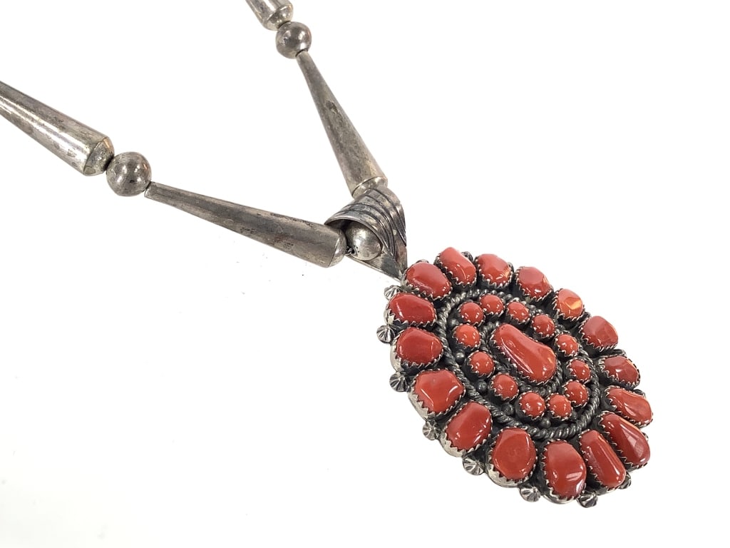 Sterling & Coral Cluster Necklace 71gTW: 24" L. Stamped "Mary Marie." Test sterling. Stones are secure; patina.