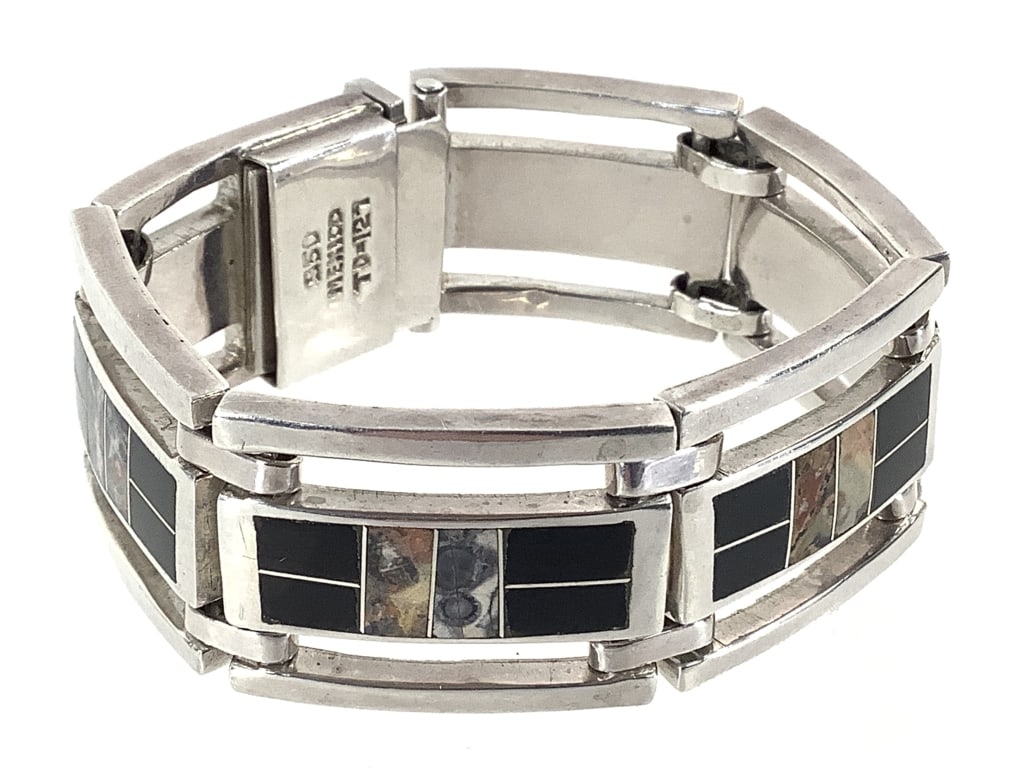 Taxco Mexico 950 Onyx & Jasper Bracelet 74.5g TW: 950 | Mexico | TD-127 stamped. Inlay stone. Good vintage condition. 7" L.