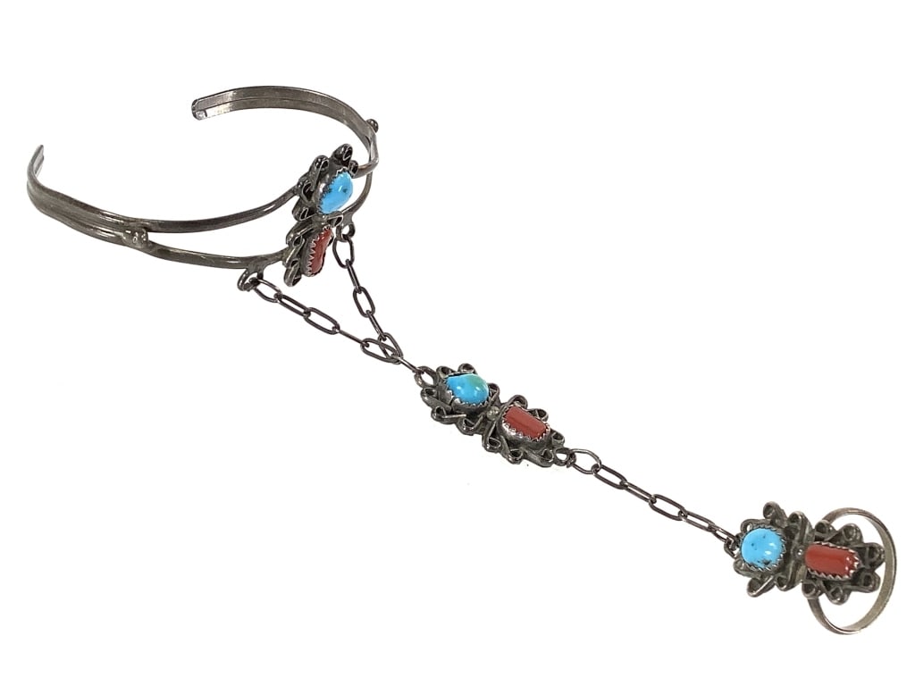 Sterling, Turquoise & Coral Hand Chain 13g TW: Cuff 5" around. 4 1/2" L. Marked "KC". Tests sterling. Good condition w/ age related patina.