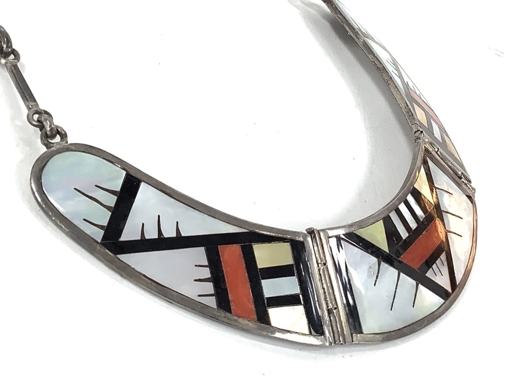 Zuni-Style Inlay Crescent Collar Necklace 64gTW: 14" L. Marked "NSK". Tests sterling. Mother of pearl, coral & onyx. Good condition w/ age related patina.