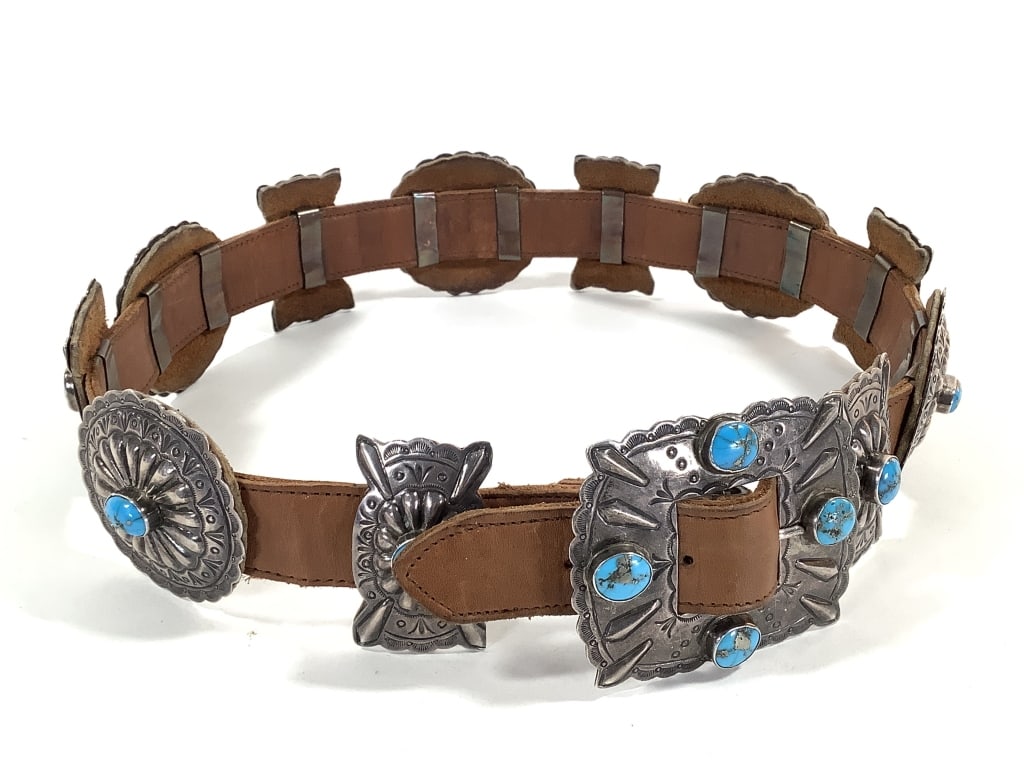 Artist Signed Concho Ster Turq Leather Belt 545gTW (1 of 12)