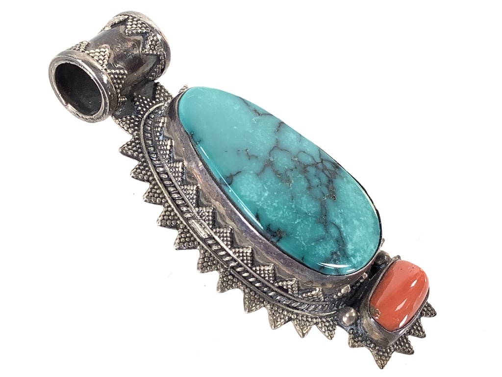 Turquoise & Red Coral Sterling Slide Pendant 21gTW: 2 1/2" H. Good condition. Marked.