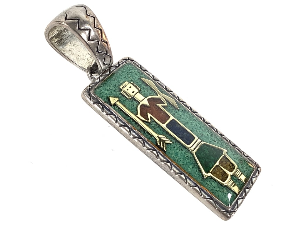 Chip Inlay Yeii Figure Pendant 20g TW: 2 1/4" H. Artist stamped. Marked 925. Good condition.