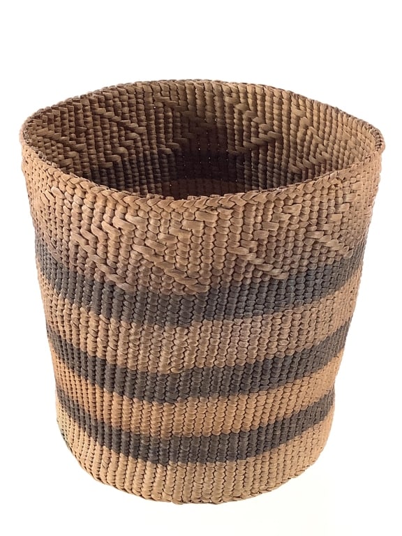 Pacific Northwest Imbricated Polychrome Basket: 4 3/4"H x 4 1/4"W. Bottom is slightly warped, with blue-green discoloration spots. Possibly from being stored in humid conditions. Exterior is in very good condition, coiled tightly with little to no 