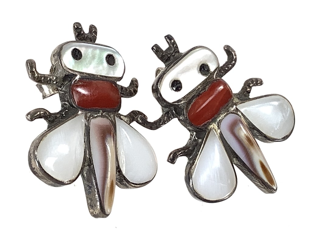 Zuni Sensa Eustace Dragonfly Earrings 4.6g TW: 1" H coral and MOP inlay.