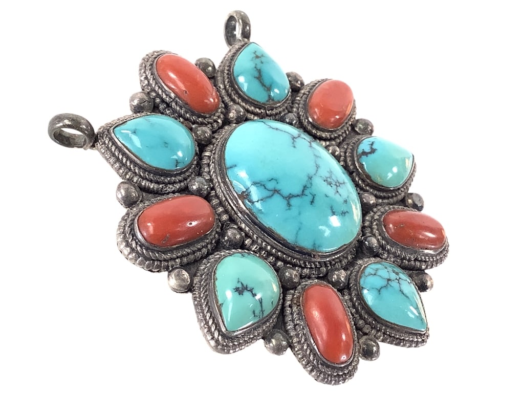 Turquoise & Coral Cluster Statement Pendant 39g TW: 3 1/4" H. Unmarked; tests sterling. Good condition; patina.