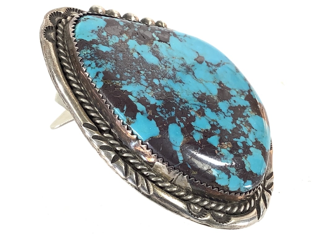 Sterling & Spiderweb Turquoise Bolo Slide 40gTW: 3 1/2" H. Artist signed "WJ". Marked sterling. Good condition.