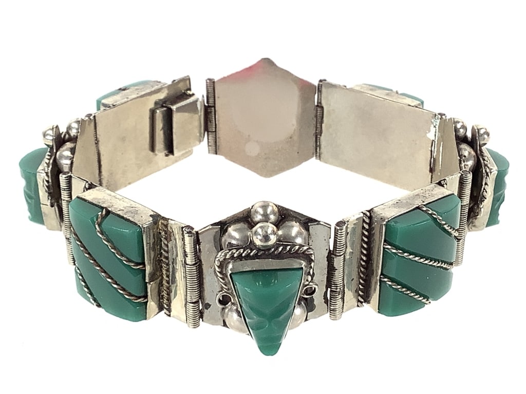 Taxco Mexico Silver Green Onyx Bracelet 43.5g TW: 7 1/2" L. 1" H